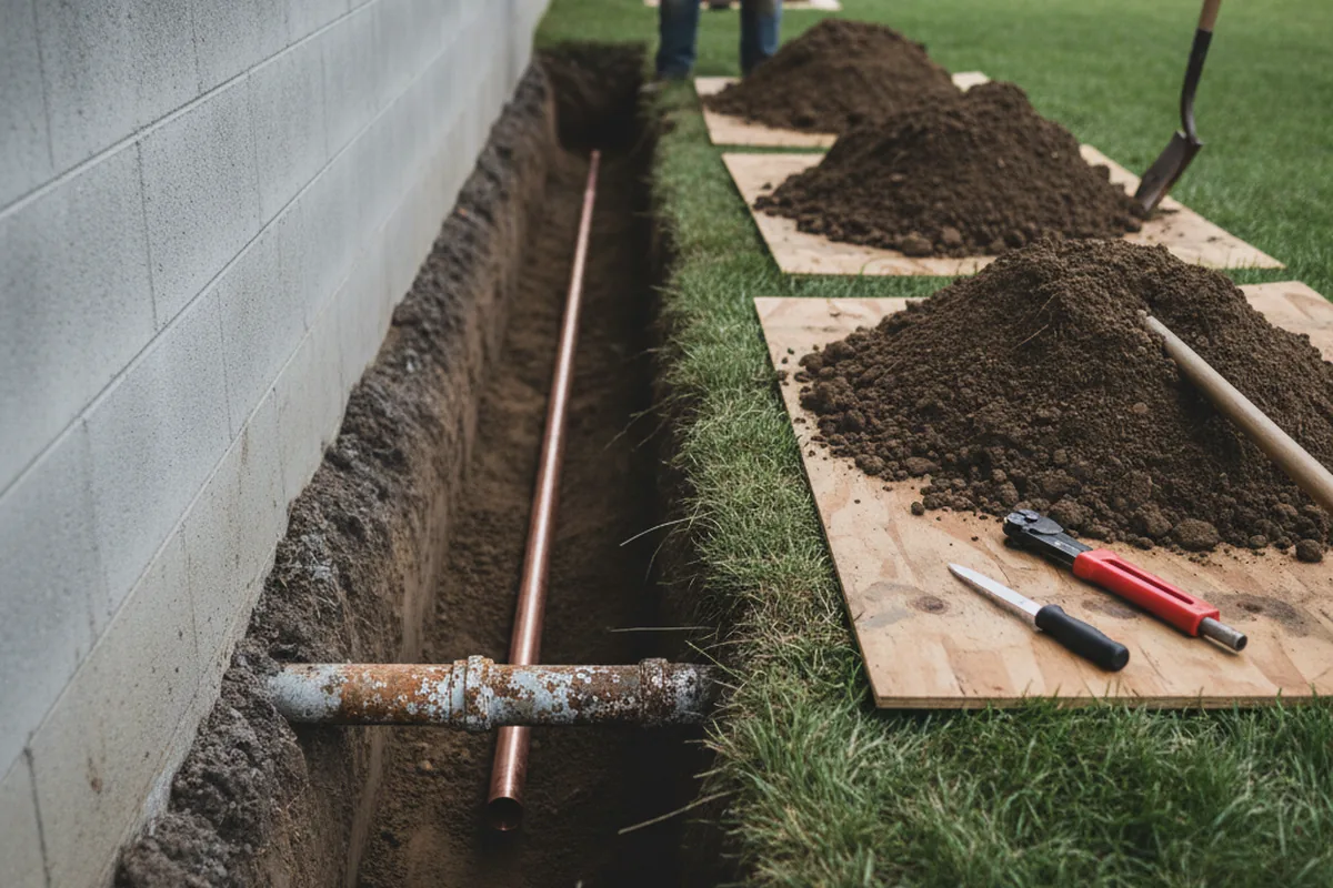 Excavated water line trench during Water Softener Installation in Little Ferry